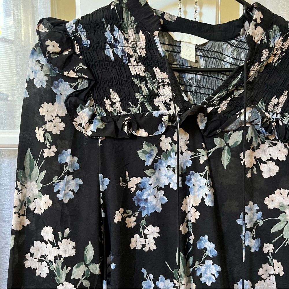 Black blouse with light & pink floral & bird pattern